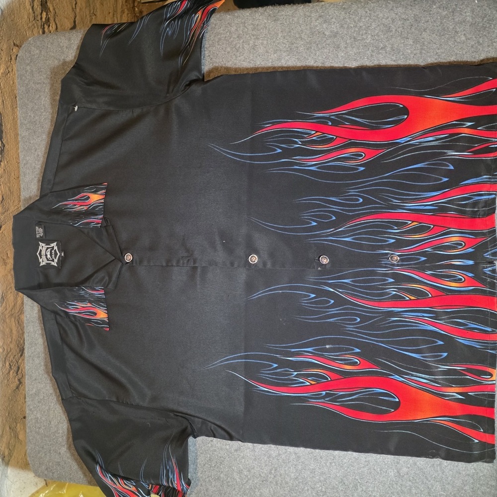 Vintage Hard Chrome Gear Short Sleeve Button-up Flame Shirt XL G1